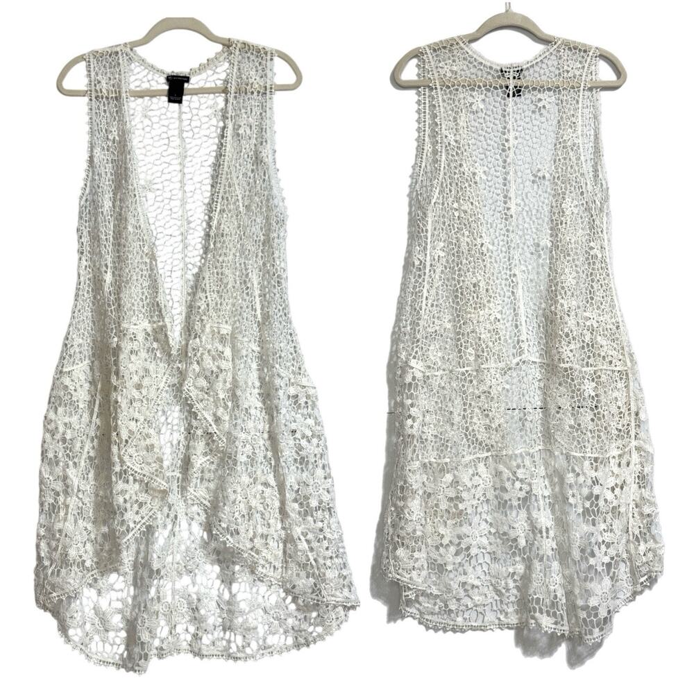 White Crochet Lace Longline Vest Duster L Boho Feminine Fairy